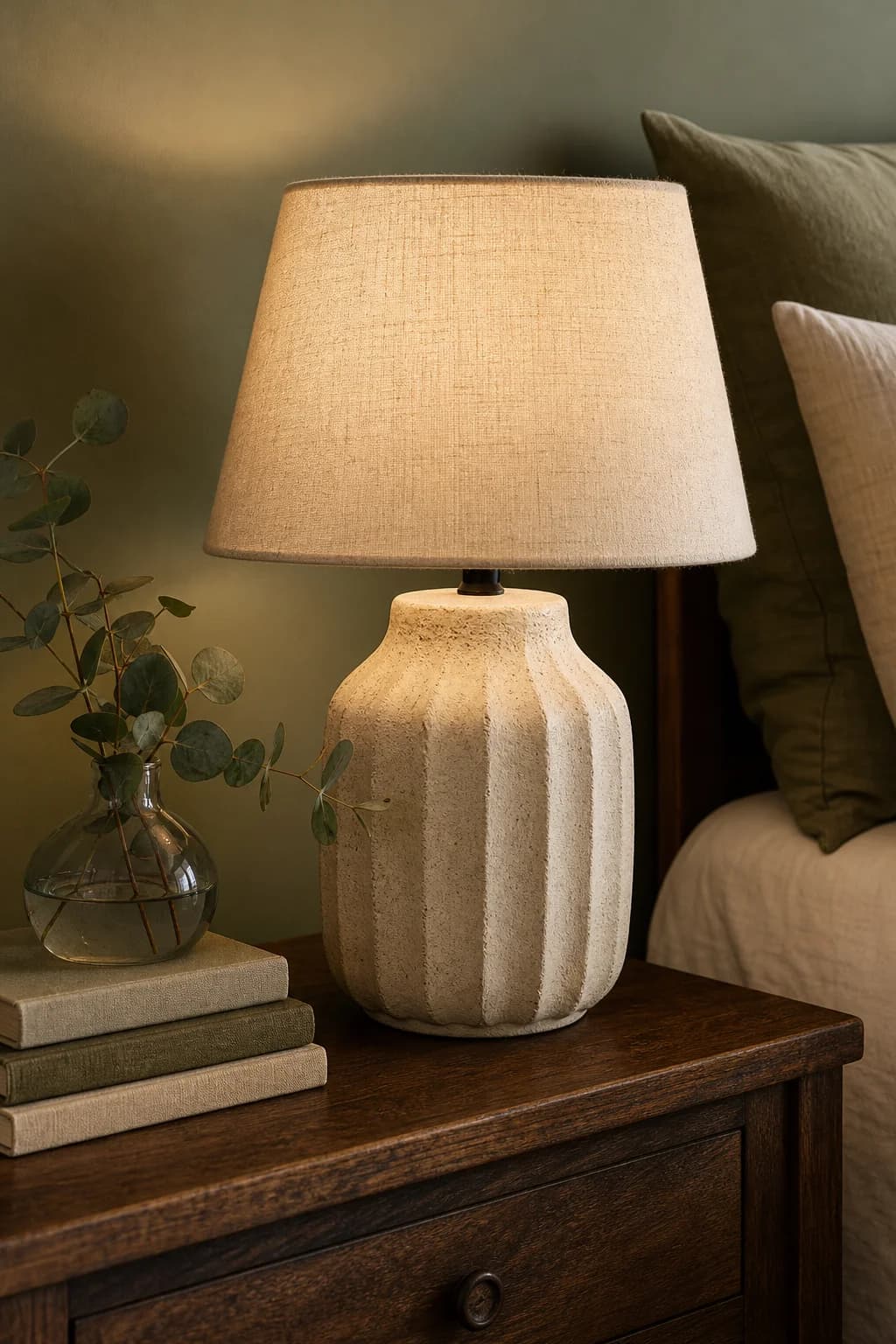 A ceramic table lamp glowing on a mango wood bedside table